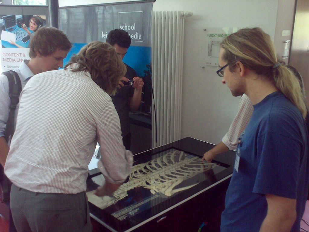 The multi-touch virtual autopsy table was available throughout the conference to try out. Two observations: 1. Sometimes the glass surface of the multitouch.fi table is harder to work with than the MS Surface's matt finish. 2. It's hard to use the table in environments with too much lighting.