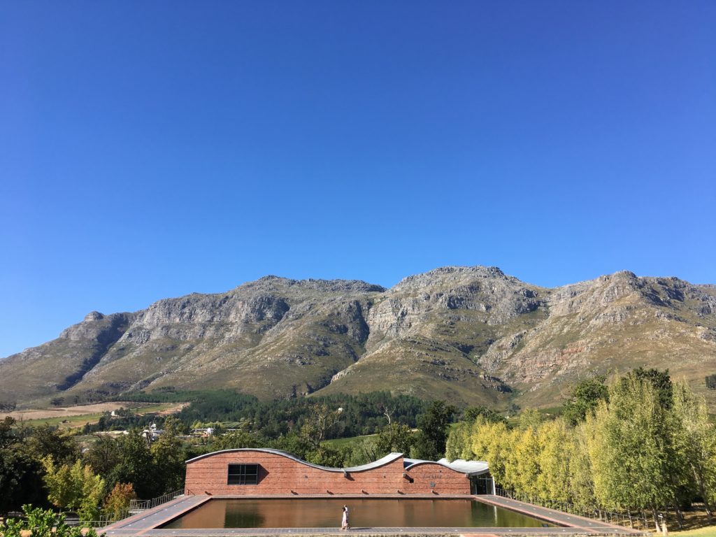 The majestic view from Bodega onto the Dornier cellar and the Hottentots-Holland mountain behind it.